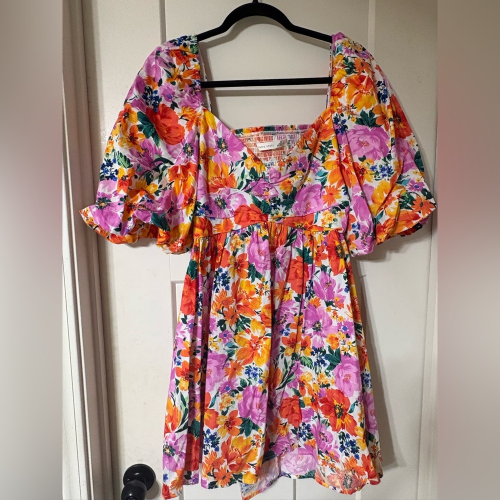 Altar’d State Floral Puff-Sleeve Mini Dress in Pink & Orange with Open Back